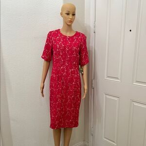 Taylor Elegant Red Floral Lace Dress Scoop Neck Short Sleeve Midi Size 14 New